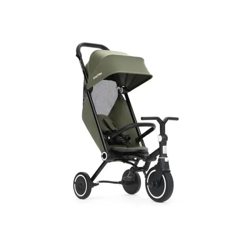Three-wheel dark green stroller trike with handlebar and front canopy