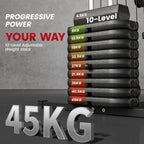 Black home gym machine with 45 kg adjustable weight stack in 10 levels