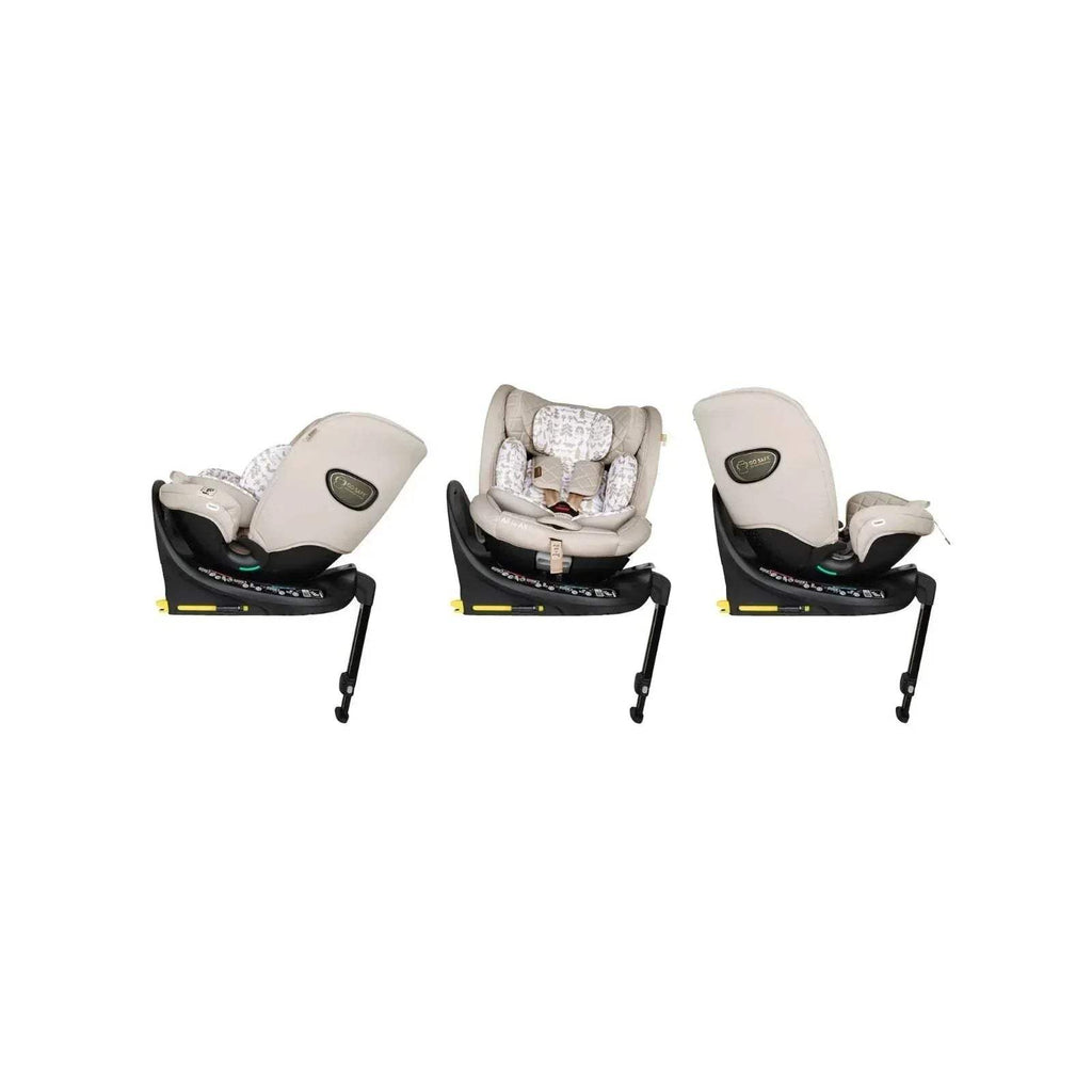Beige car seat with animal-print headrest shown from three angles on black base