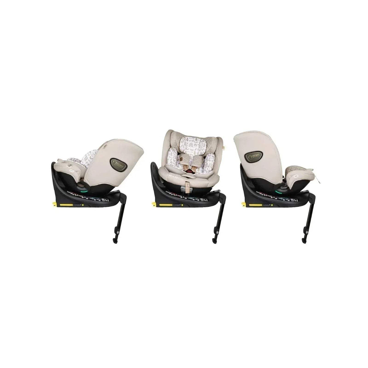 Beige car seat with animal-print headrest shown from three angles on black base