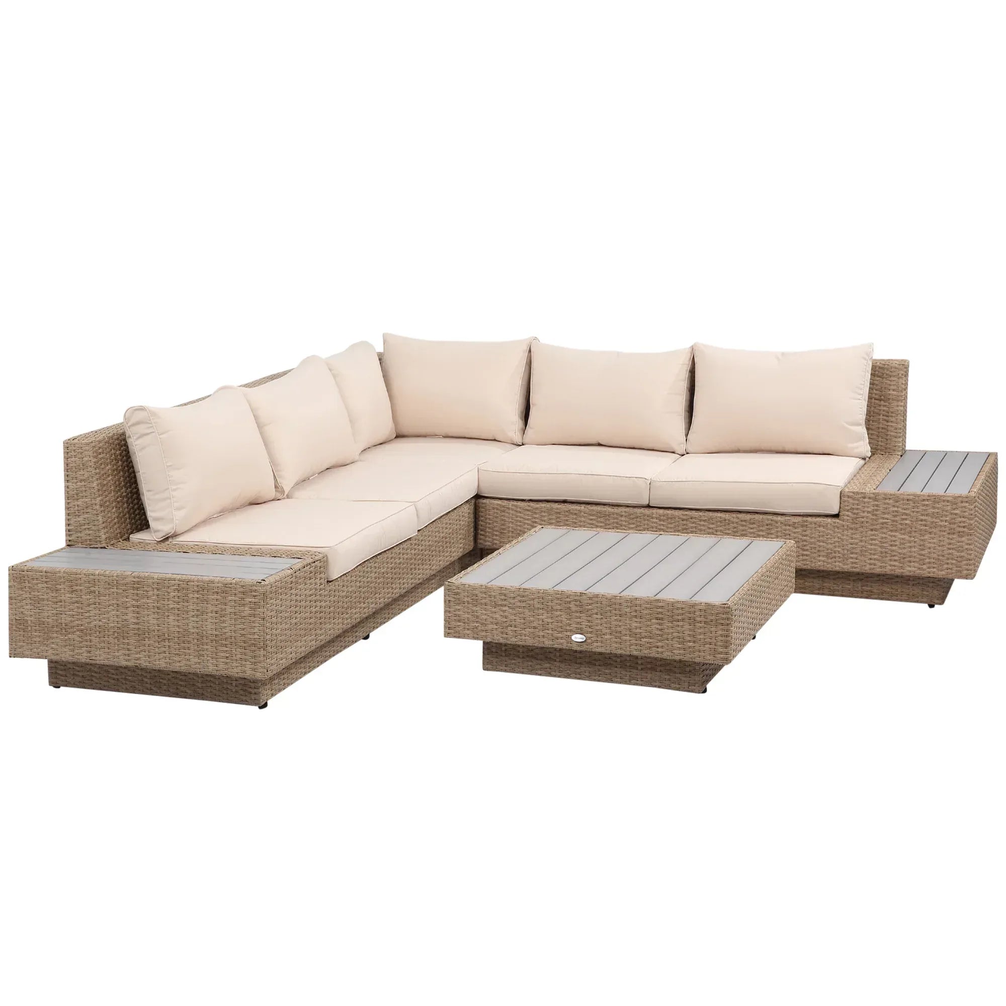 4 Pieces Rattan Garden Furniture Set, Garden Corner Sofa with Side Trays, Wicker Conservatory Furniture Set with Loveseats, Slatted Plastic Top Coffee Table and Cushions, Beige - Bobobiy