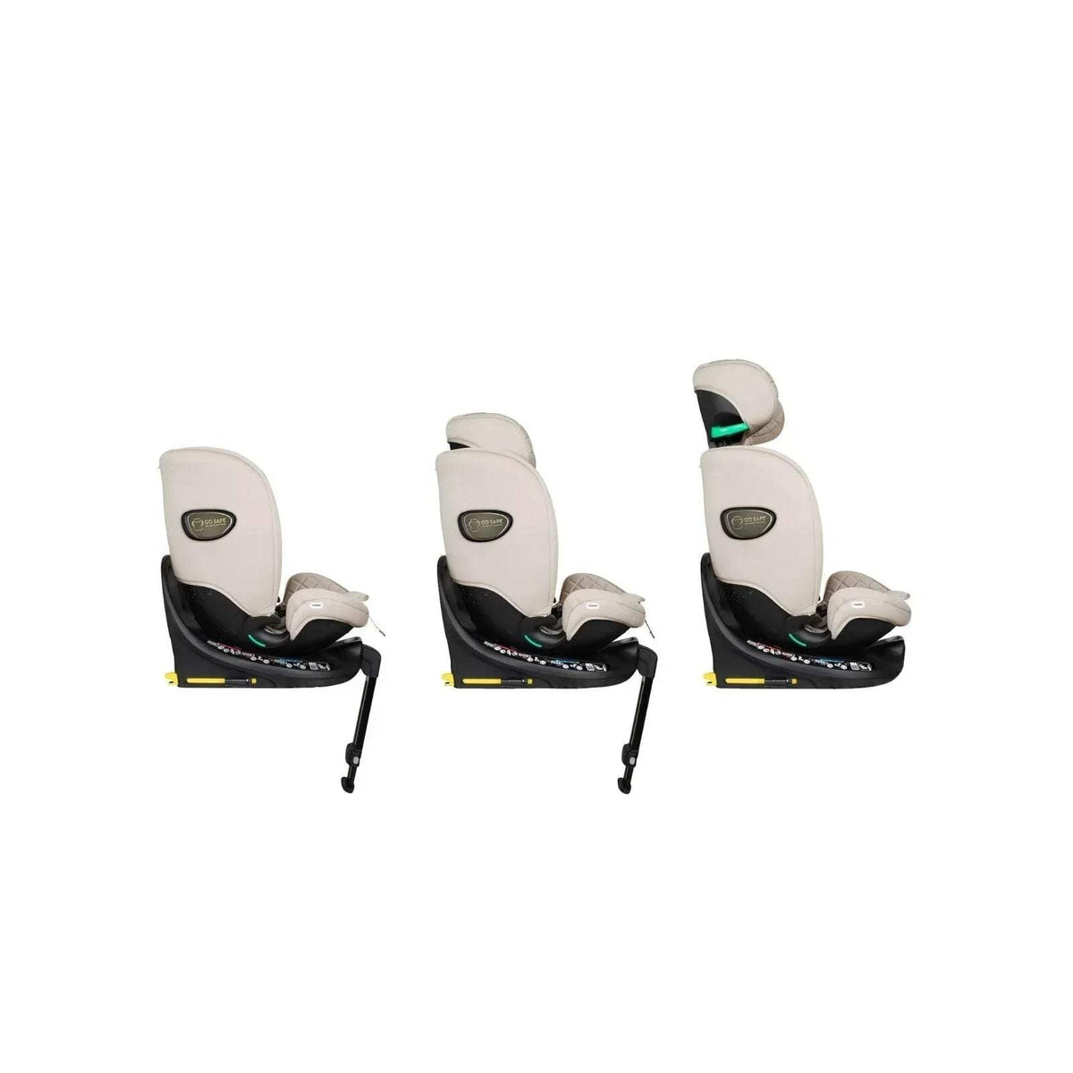 Beige car seat shown from three side angles with black base and padded headrest