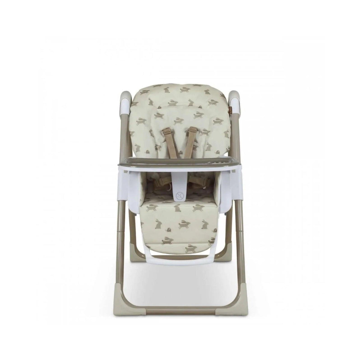Baby highchair with cream animal print seat, white armrests, and adjustable footrest.