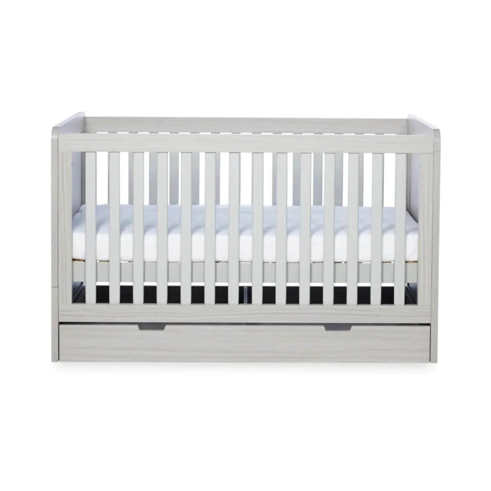 Ash grey cot bed front view with white mattress, slatted sides, and drawer section