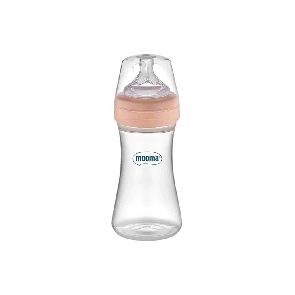 Mooma toddler feeding bottle with clear medium-flow nipple and old rose collar