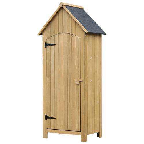 Natural wood storage shed with sloped roof and double door with black hinges