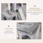 Close view of grey cat tree cubby with sisal scratching board and plush resting area