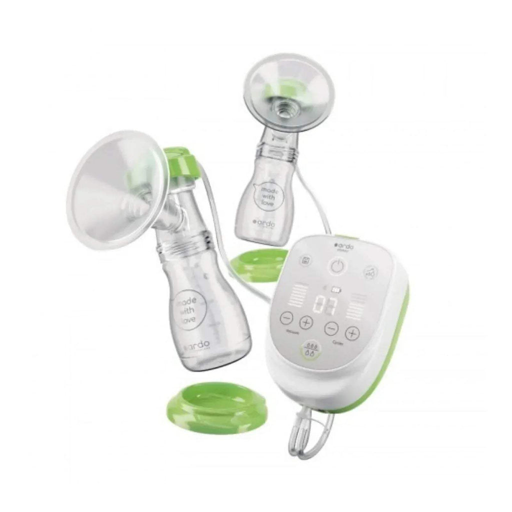 Electric breast pump with two flanges, clear bottles, and white rechargeable control unit