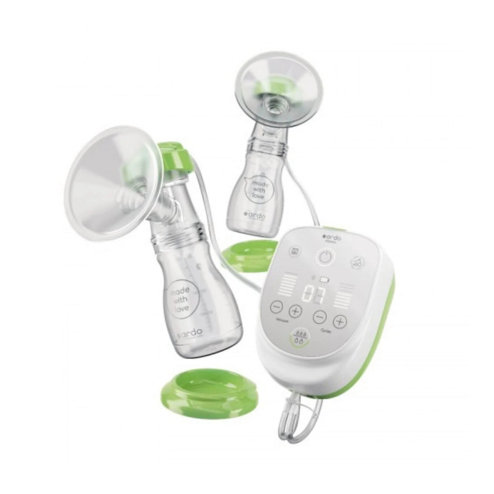 Electric breast pump with two flanges, clear bottles, and white rechargeable control unit