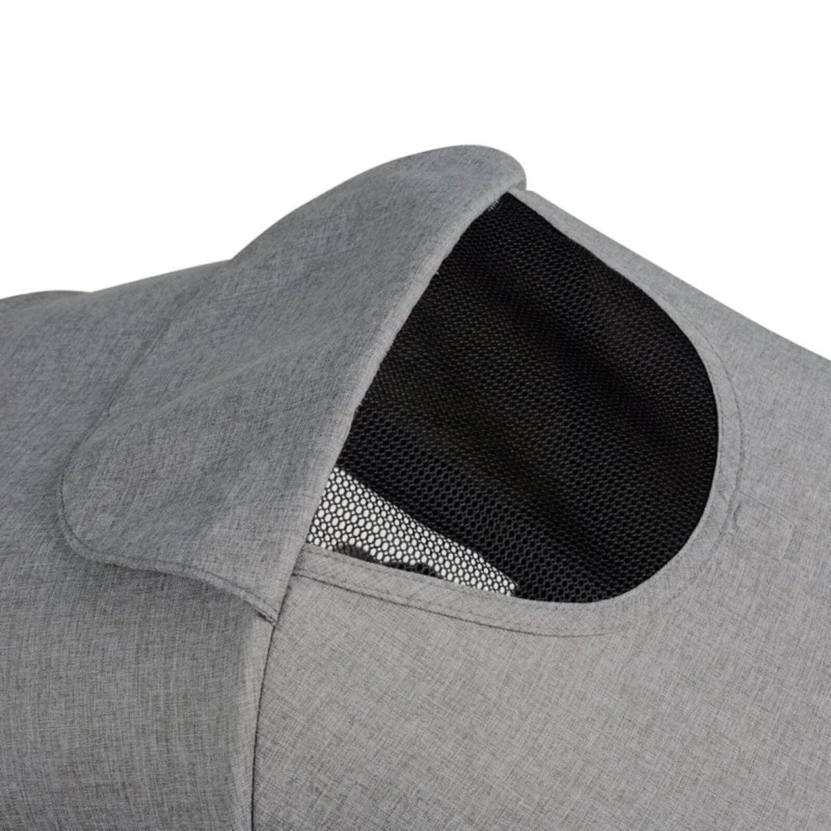 Grey stroller canopy with dark mesh ventilation panel