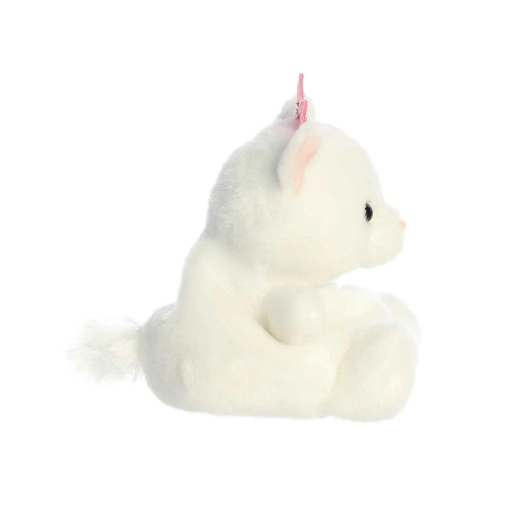 White plush kitty soft toy side view, pink bow crown, soft paws and tail