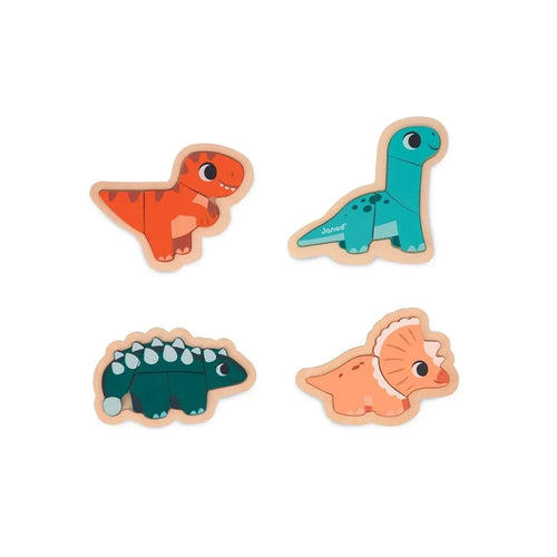 Dino progressive puzzle set showing four wooden dinosaur shapes, orange and teal colors.
