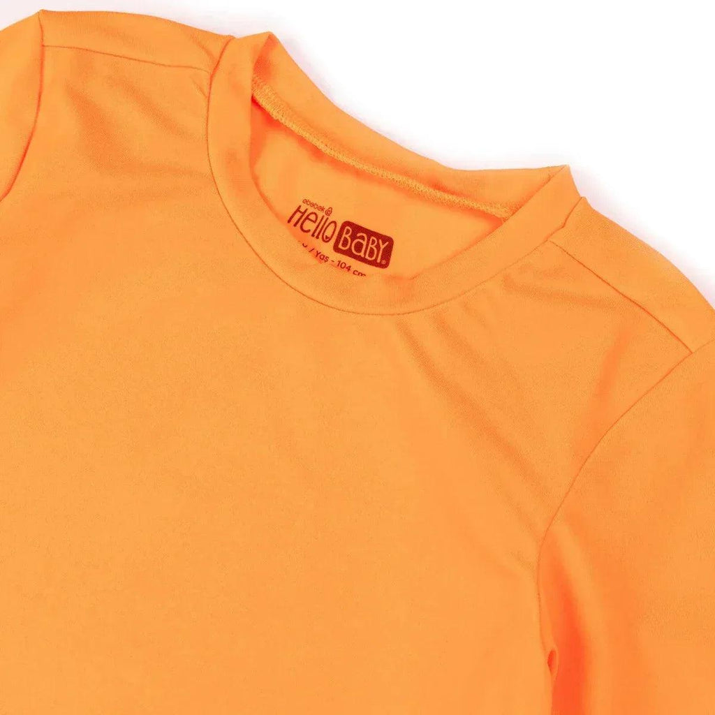 HelloBaby short sleeve baby swim top neckline and logo patch on neon orange.