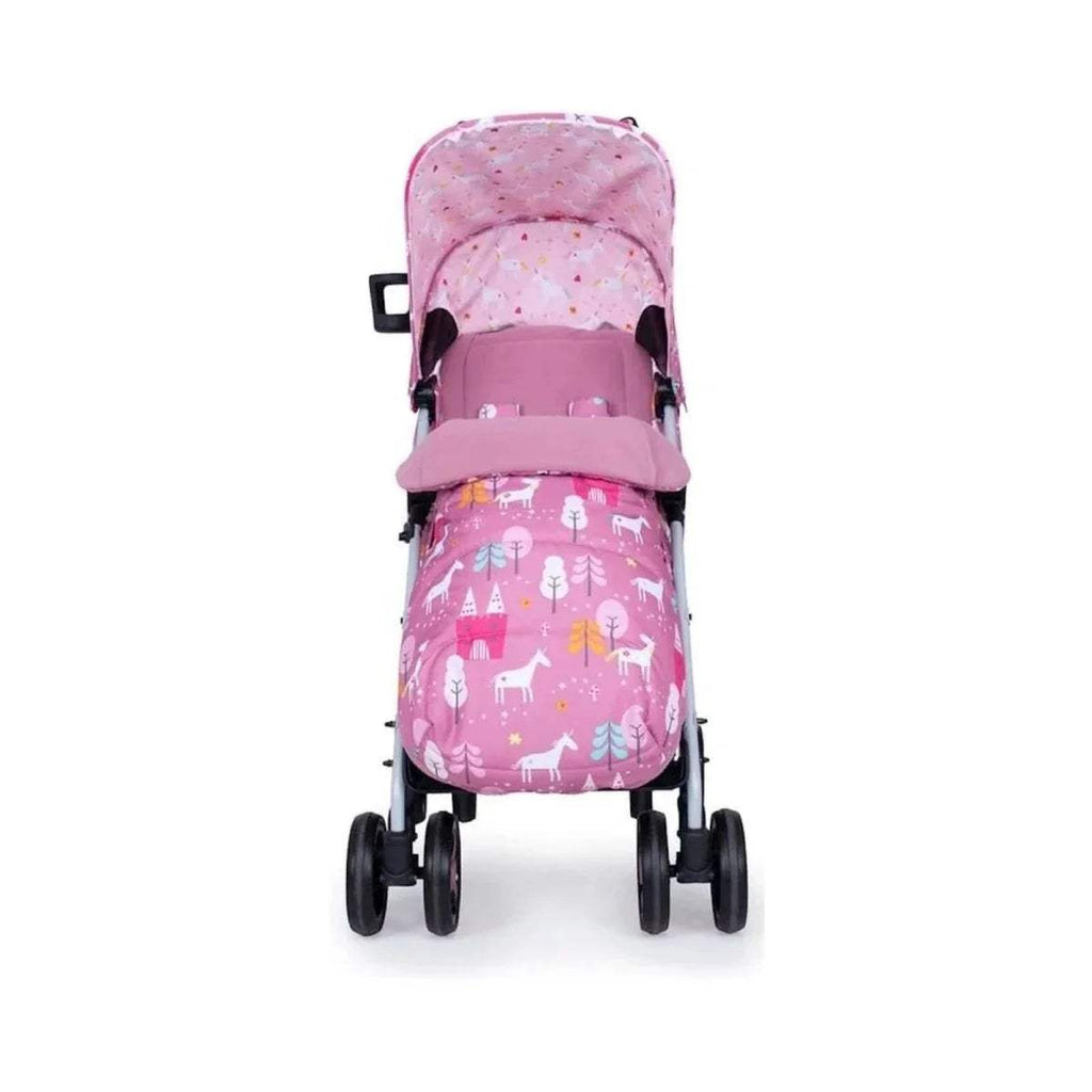 Pink unicorn print stroller rear view with padded footrest and black wheelbase