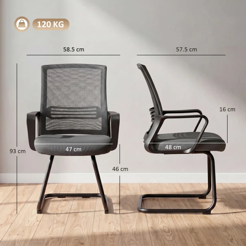Dark grey mesh chair showing seat and back dimensions on sled base