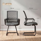 Dark grey mesh chair showing seat and back dimensions on sled base