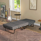 Single folding bed with dark grey upholstered mattress, black metal base and locking casters