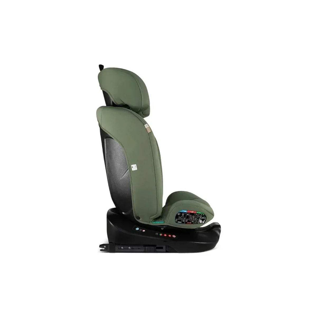 Green car seat with cushioned headrest and integrated base