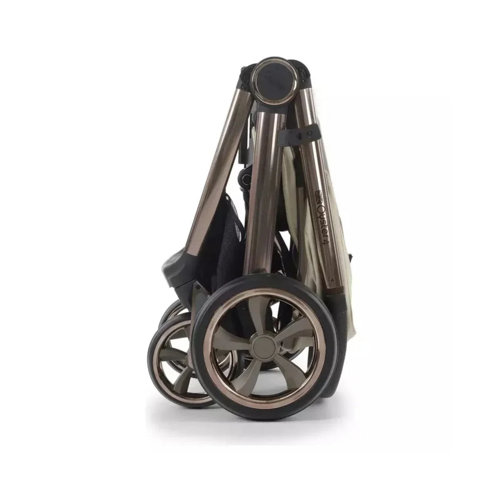 Single stroller frame with rear wheel, metallic uprights, and black base, side view
