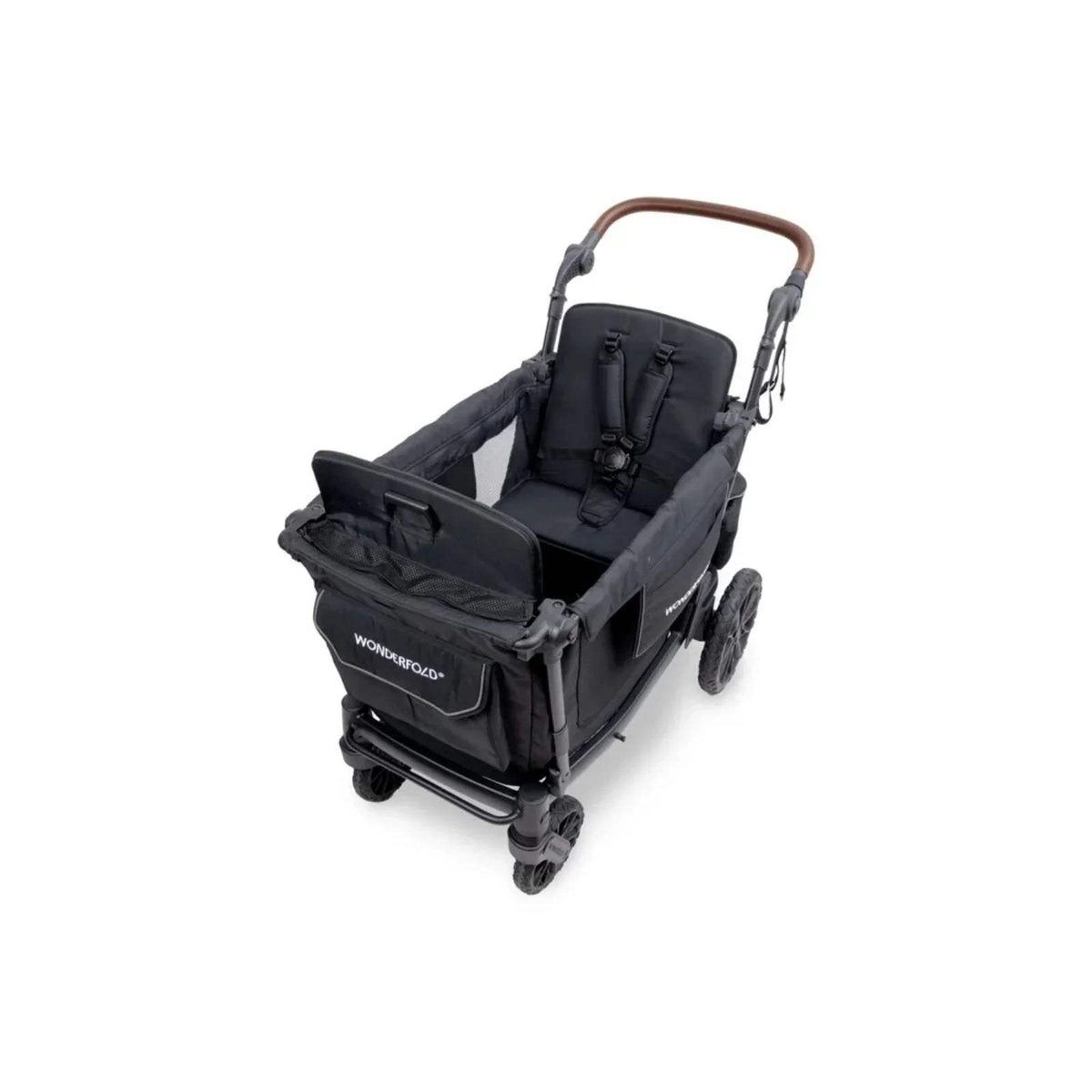 Black quad stroller wagon with canopy and padded seats, showing safety harness straps
