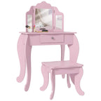 Pink kids vanity table set with tri-fold mirror, drawer, and matching stool
