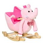 Pink plush elephant rocking toy with bow, on wooden base with rolling wheels