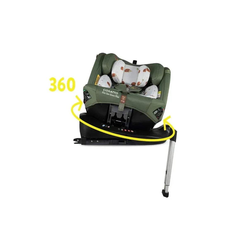 Olive-green 360° car seat showing rotation with animal-print insert and black base