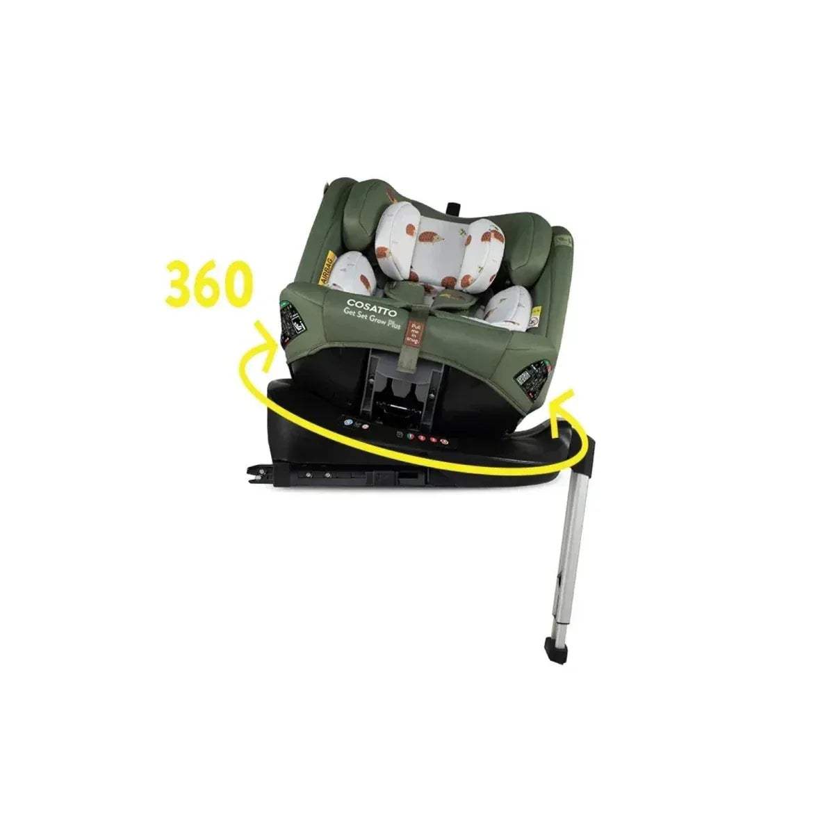 Olive-green 360° car seat showing rotation with animal-print insert and black base