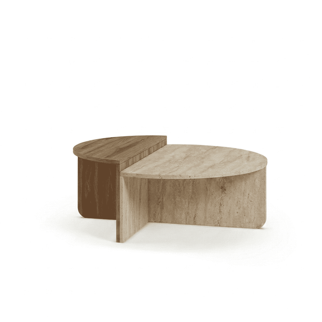 Modern round coffee table with round travertine top and dark wood base supports