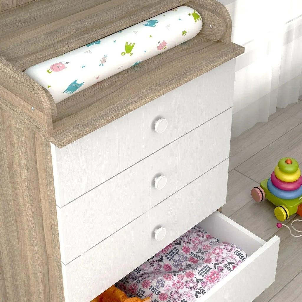 Changing dresser with elm top and lower drawer, white cabinet with round knobs