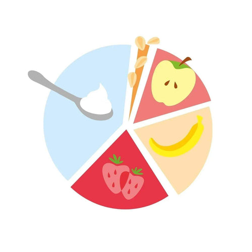 Strawberry and banana flavor icon graphic with spoon and fruit slices