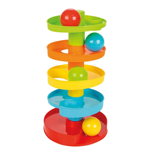 Stacked spiral ball track toy with green, orange, yellow, blue and red platforms