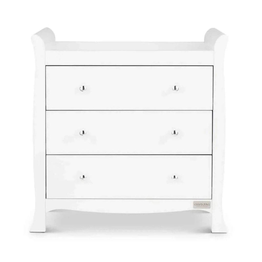 White nursery dresser front view with three drawers and chrome knobs
