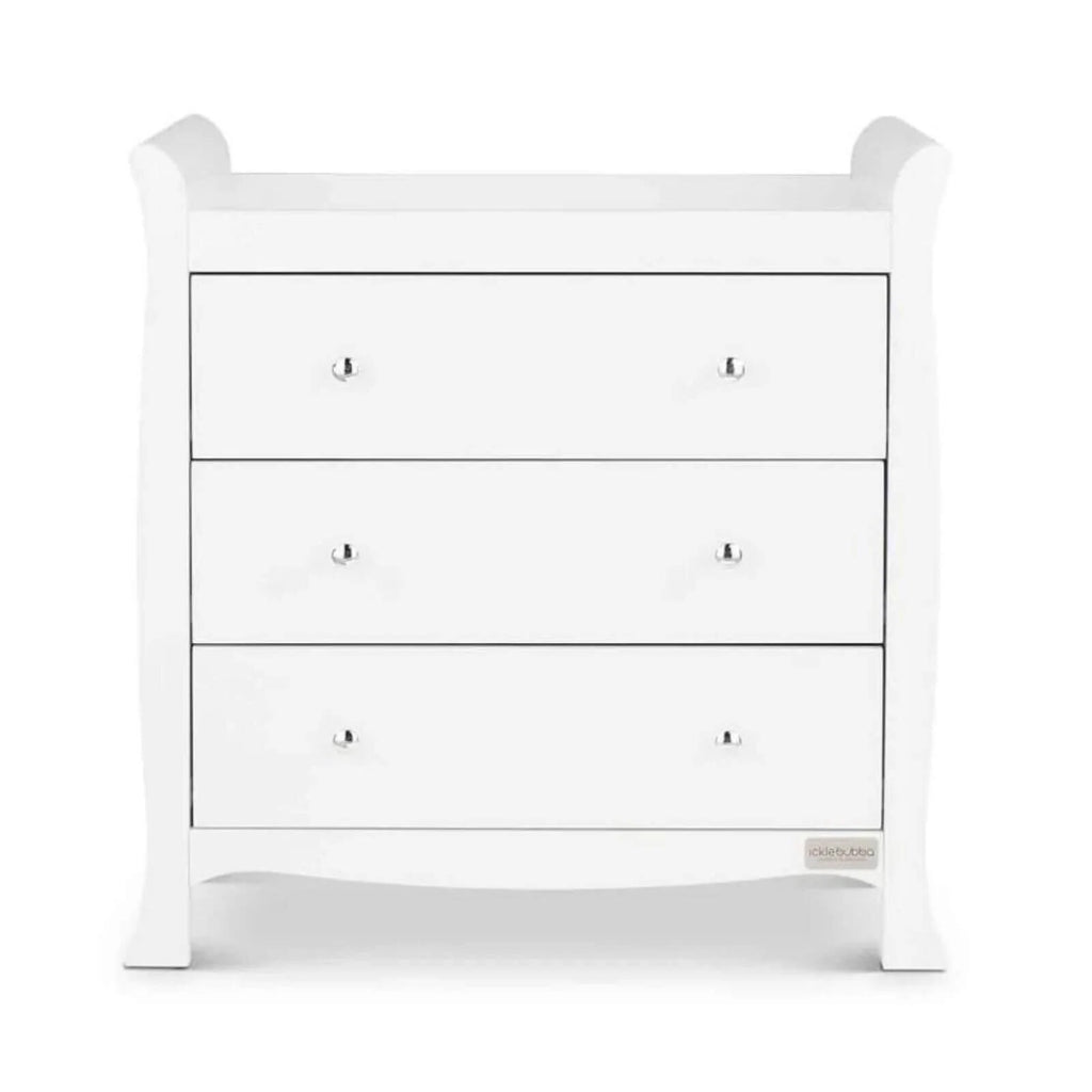 White child dresser with three drawers and metal knobs, front view.