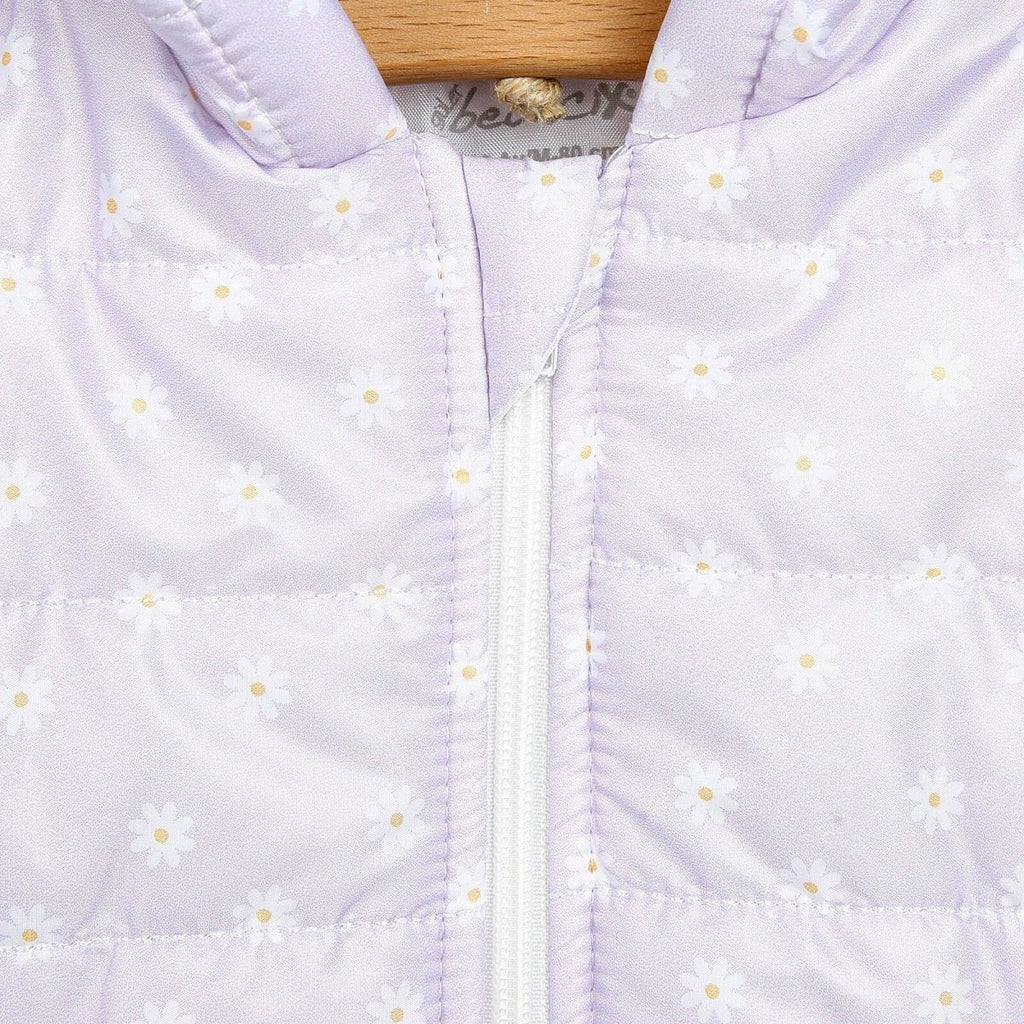 Lilac hooded baby quilted vest with daisy print and front zipper seam detail