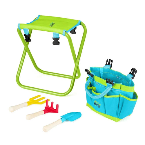 Folding kids stool with lime frame, blue padded seat, and three colorful plastic tools