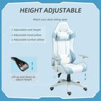 Light blue and white gaming chair with adjustable seat height, headrest, and five-star base.