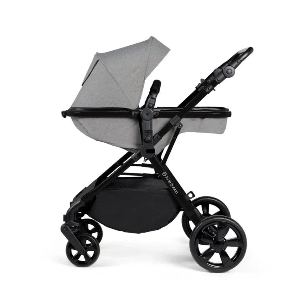 Space grey stroller with canopy extended and padded seat; black frame and wheels