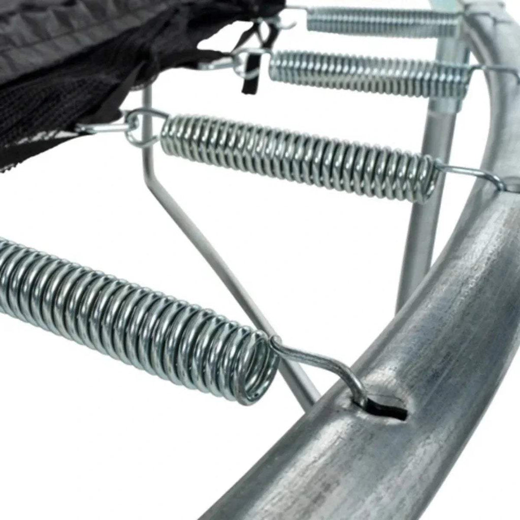 Gray trampoline springs and metal frame with black safety padding edge