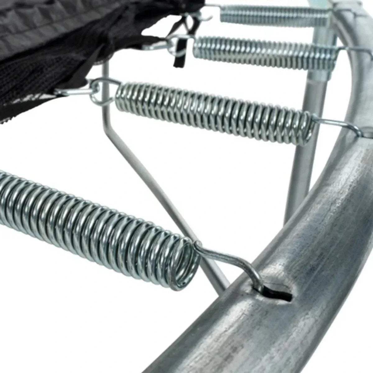 Gray trampoline springs and metal frame with black safety padding edge
