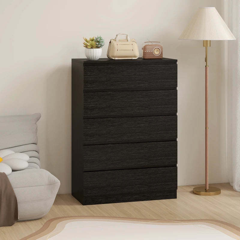 Black 5-drawer dresser with smooth drawer fronts and top for decorative items.
