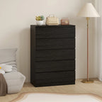 Black 5-drawer dresser with smooth drawer fronts and top for decorative items.