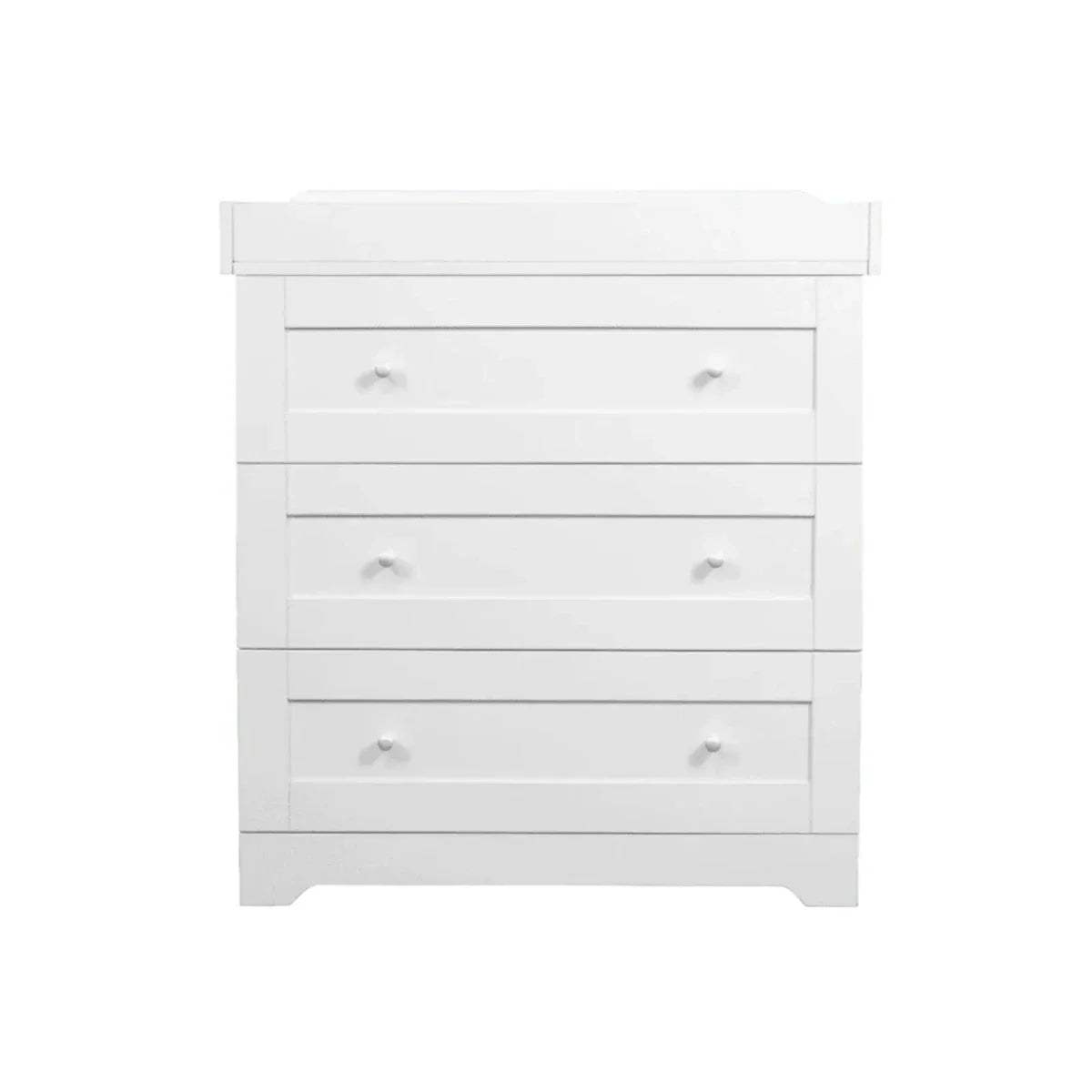 White chest changer with three stacked drawers and knob handles, flat top