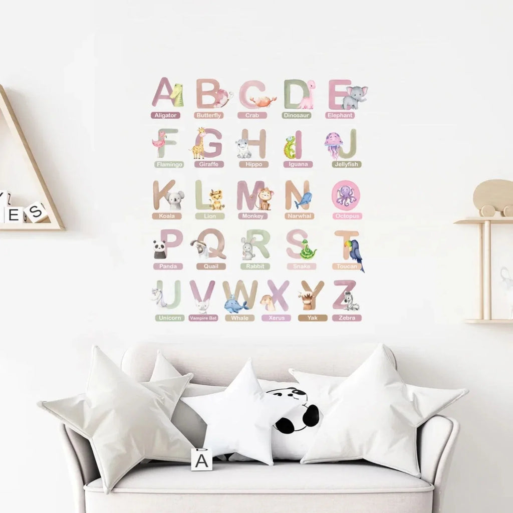 Alphabet wall stickers with pastel animal icons and pink letter tiles