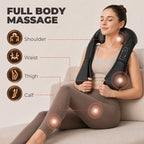 Black full-body massage wrap showing targeted areas on shoulders, waist, thighs and calves