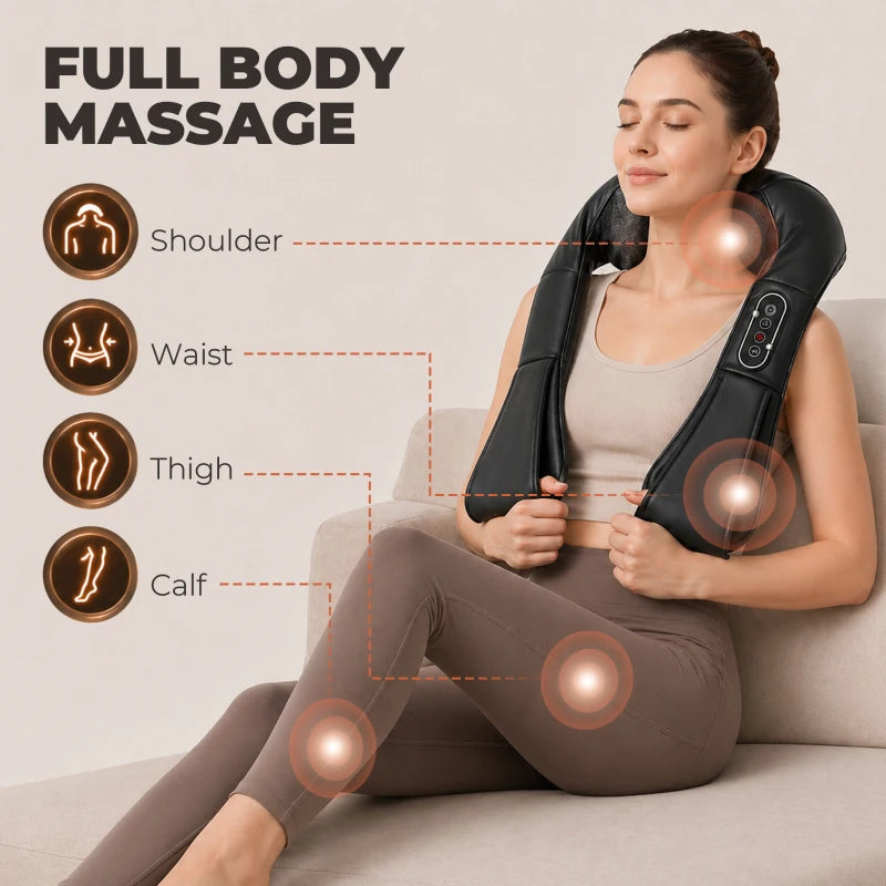 Black full-body massage wrap showing targeted areas on shoulders, waist, thighs and calves