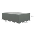 Dark grey rectangular patio furniture cover with size labels 245 x 165 x 66 cm
