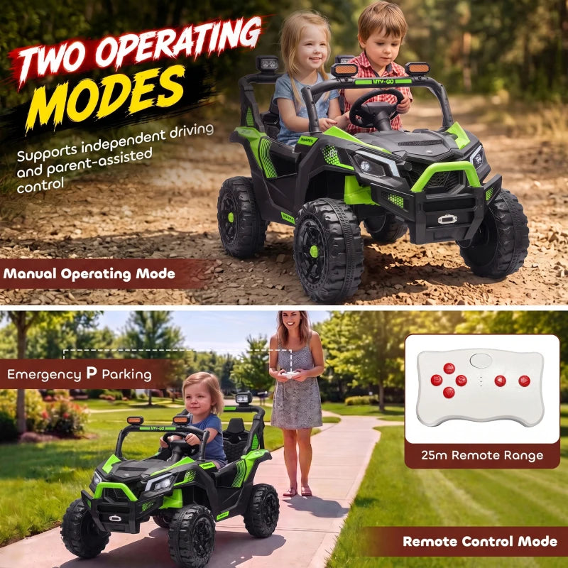 Green 2-seat ride-on UTV carrying two children with steering wheel up front