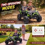 Green 2-seat ride-on UTV carrying two children with steering wheel up front