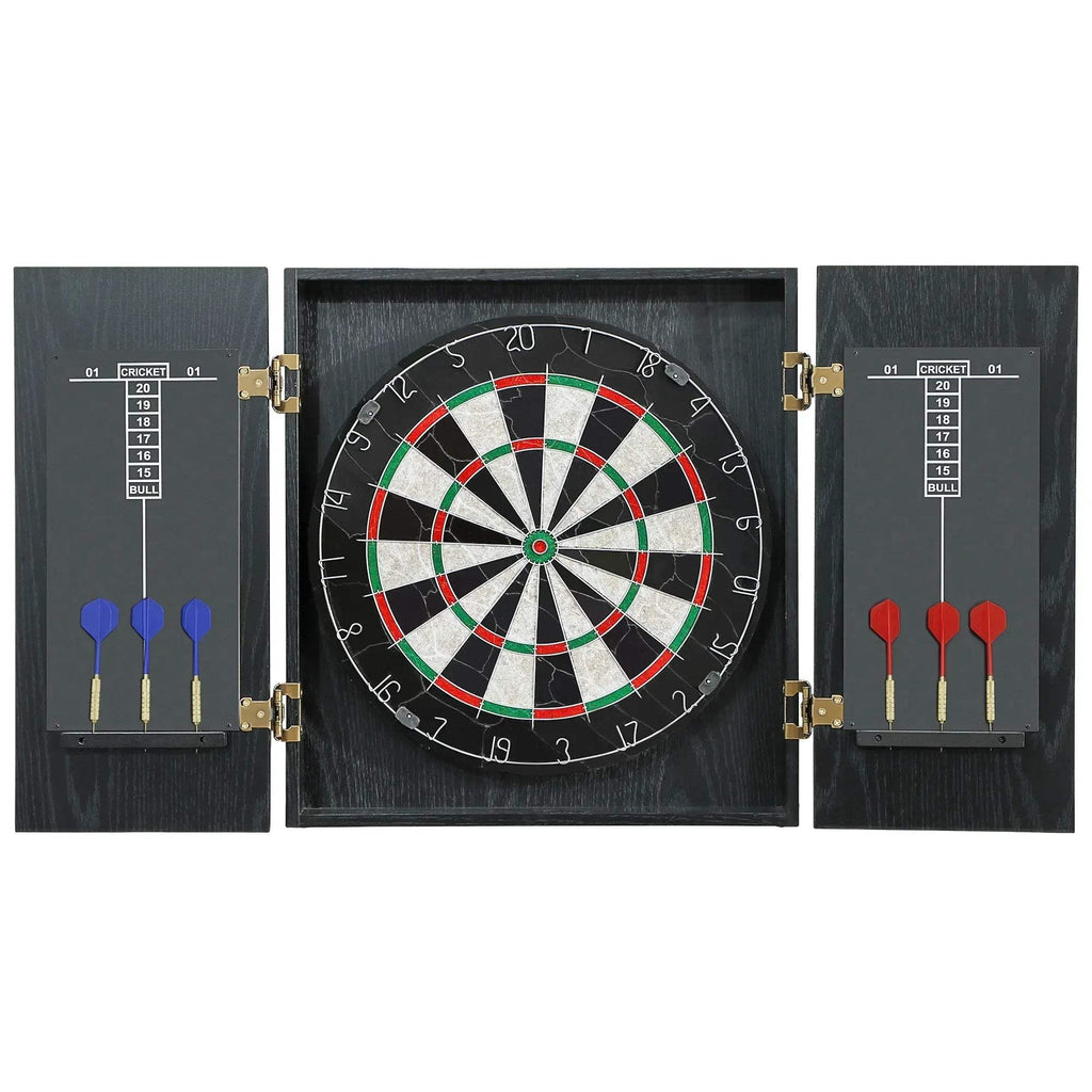 Black bristle dartboard cabinet with three red and three blue steel tip darts